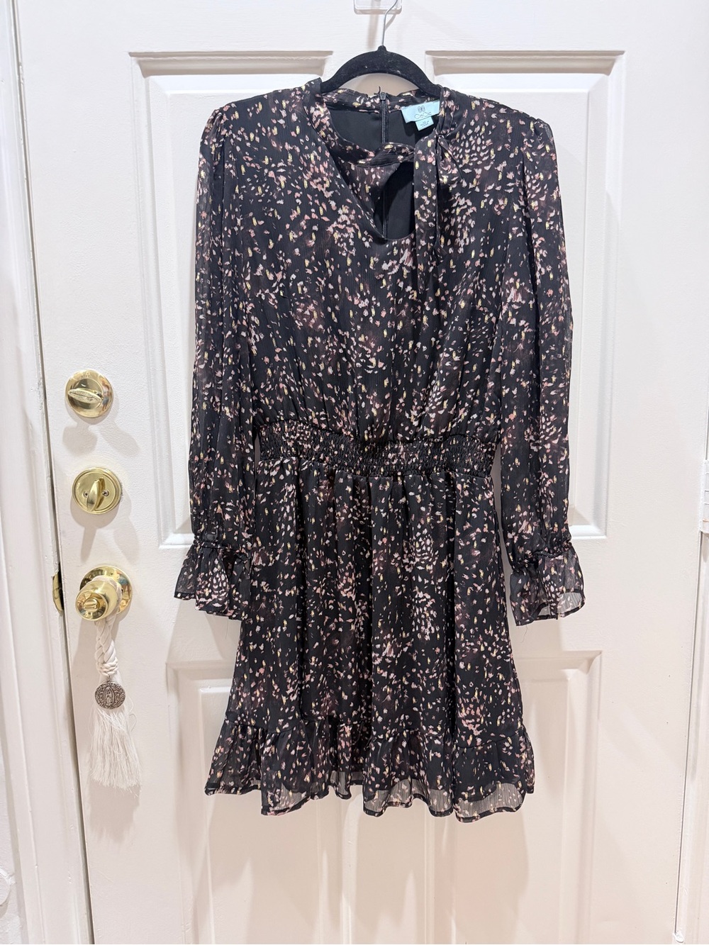 Chloe Black Dress with Soft Pink Floral Print - Long Sleeve